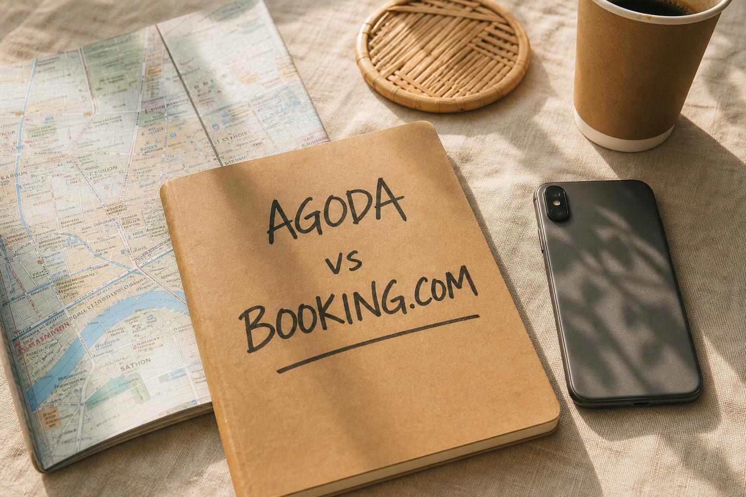 Kraft notebook with handwritten 'Agoda vs Booking.com' next to a folded Asian city map and phone