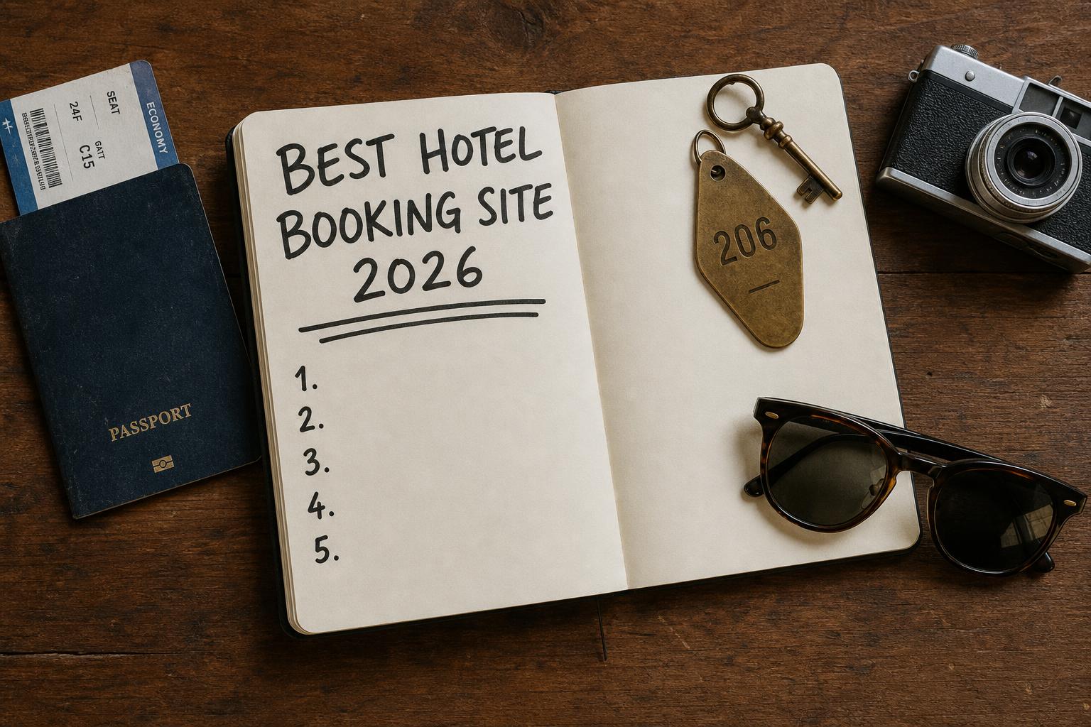 Open notebook with handwritten 'Best Hotel Booking Site 2026' and numbered list next to passport and vintage room key