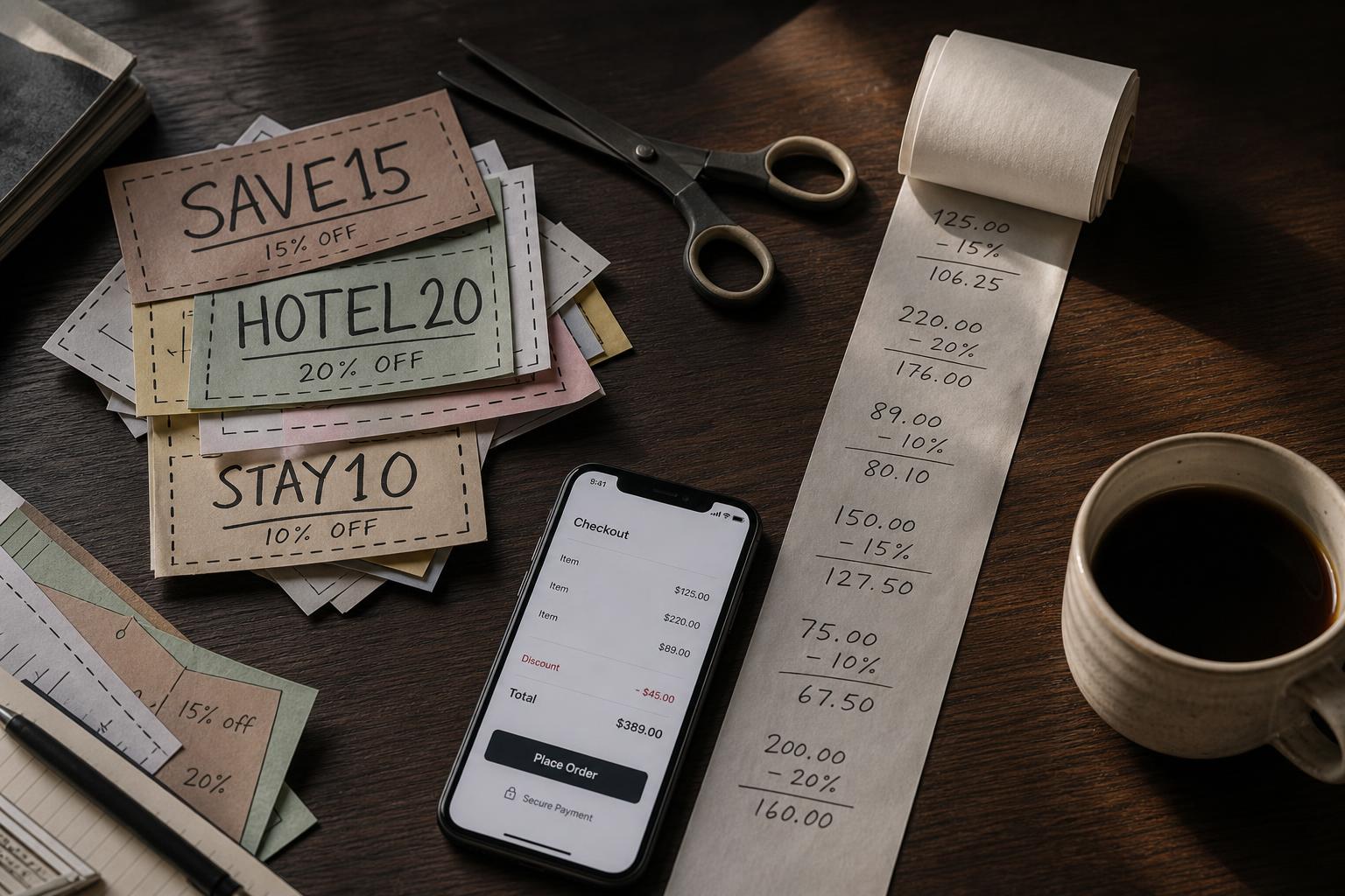 Flatlay of a smartphone, credit card and paper coupon on a wooden desk