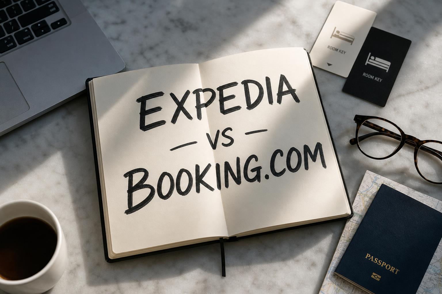 Hardcover notebook with handwritten 'Expedia vs Booking.com' on a marble desk with passport and room keys