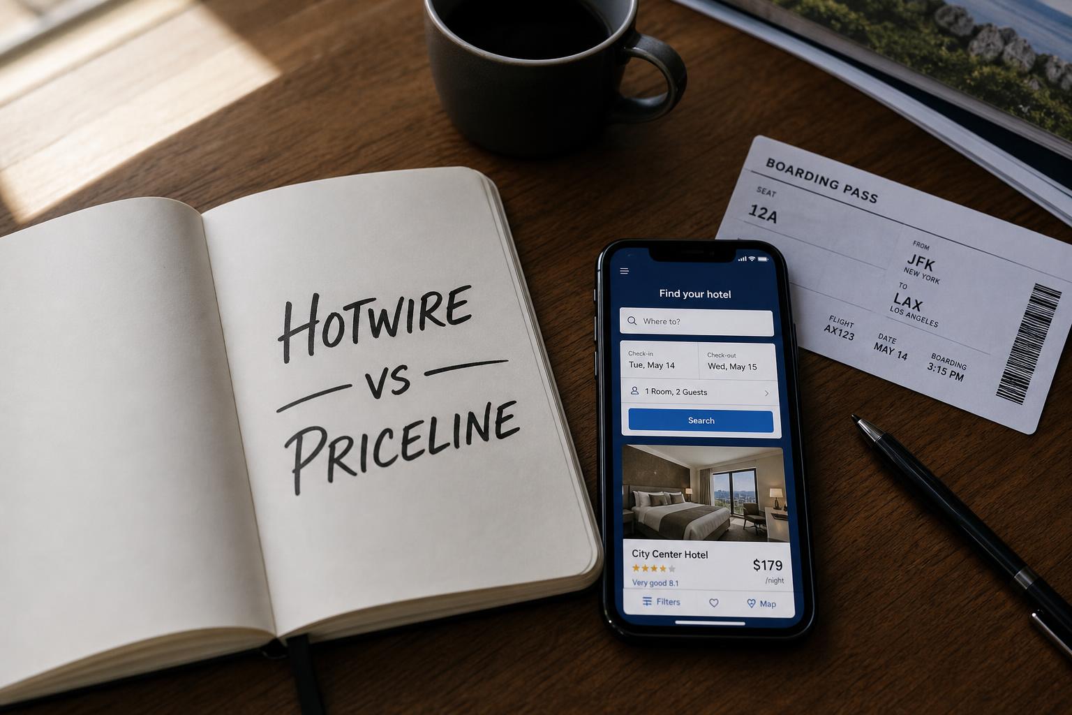 Open notebook with handwritten 'Hotwire vs Priceline' beside a phone showing a hotel app