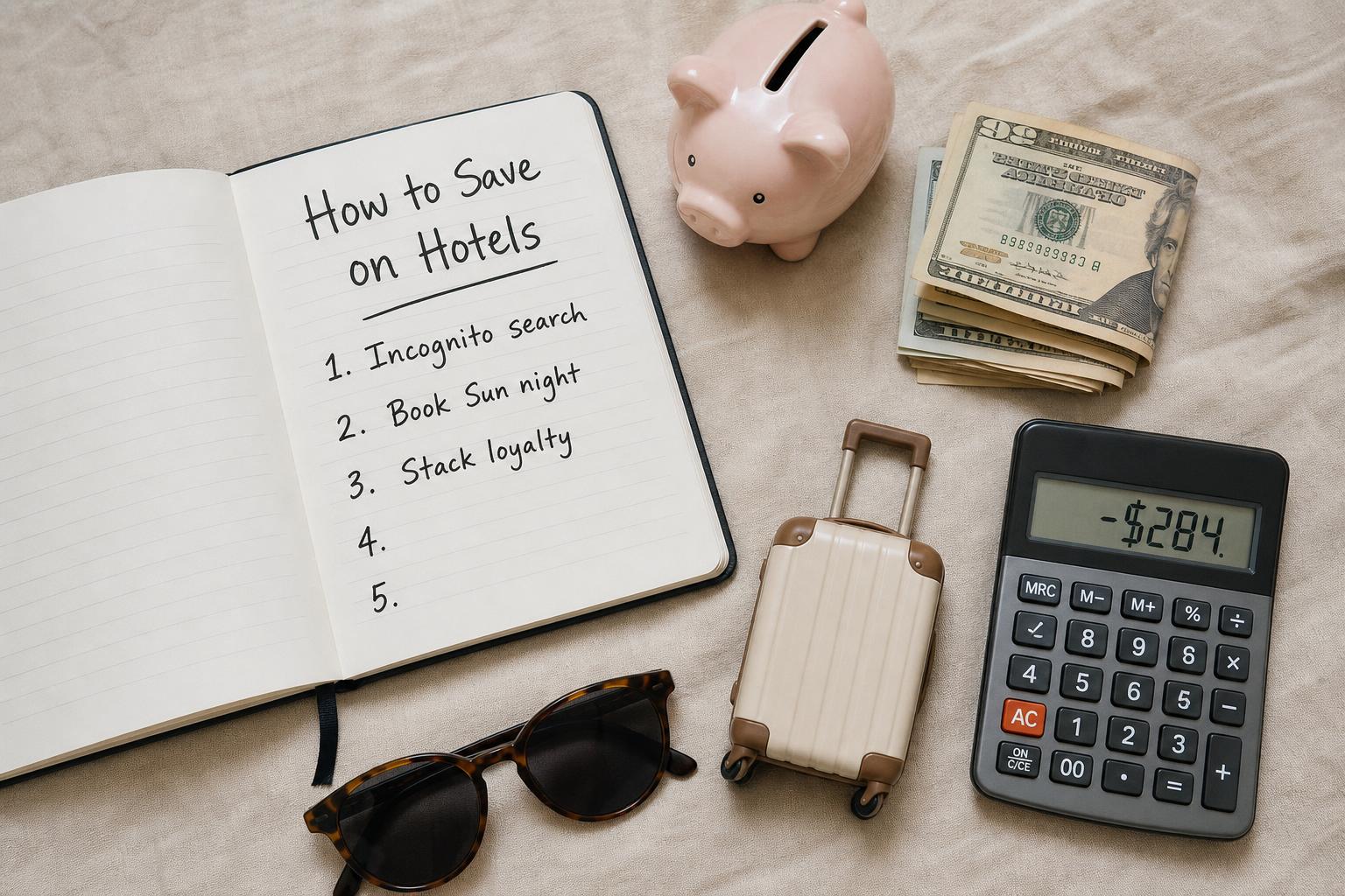 Leather wallet with cash next to a packed suitcase on a hotel bed