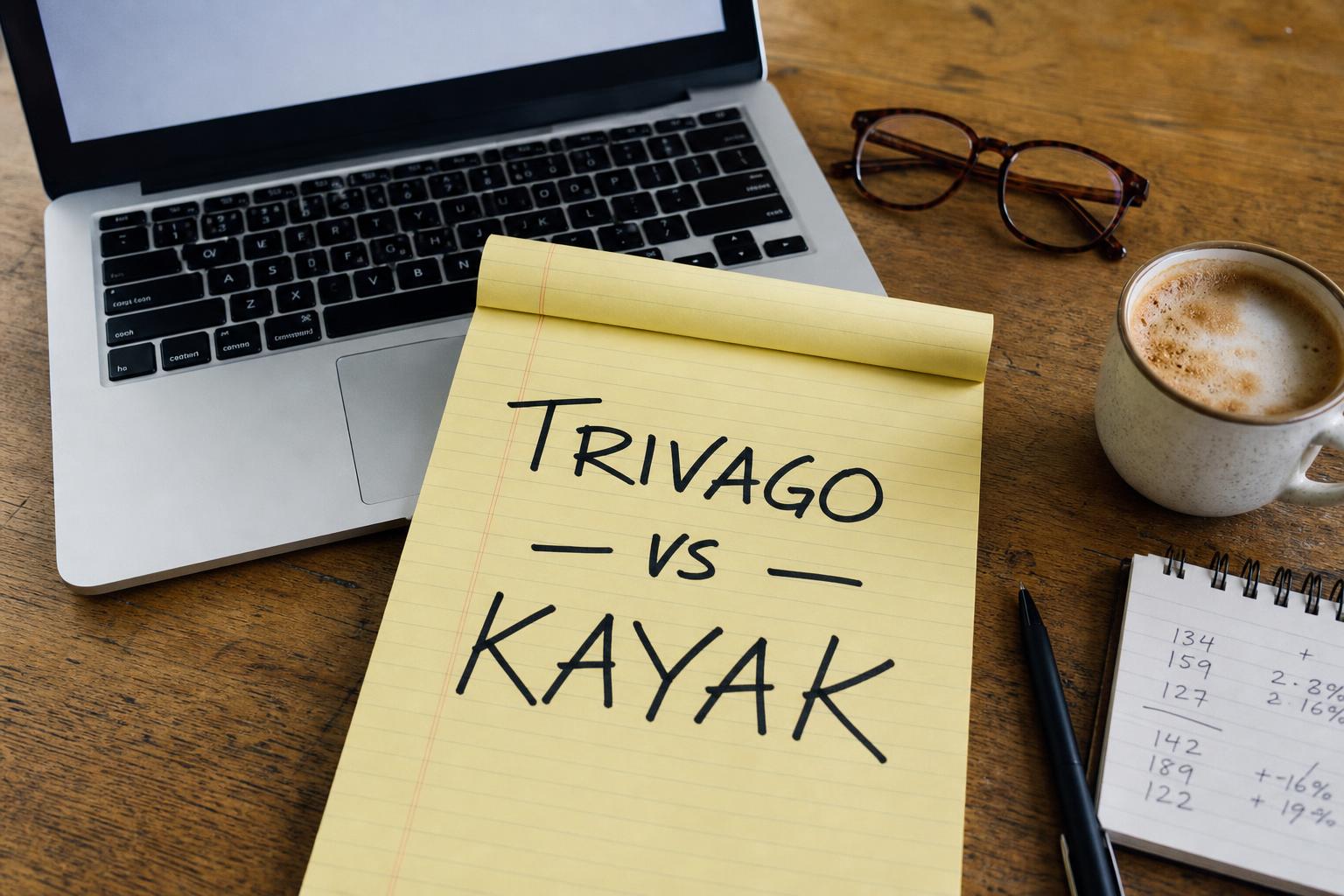 Yellow legal pad with handwritten 'Trivago vs Kayak' on a desk with laptop and price scratchpad